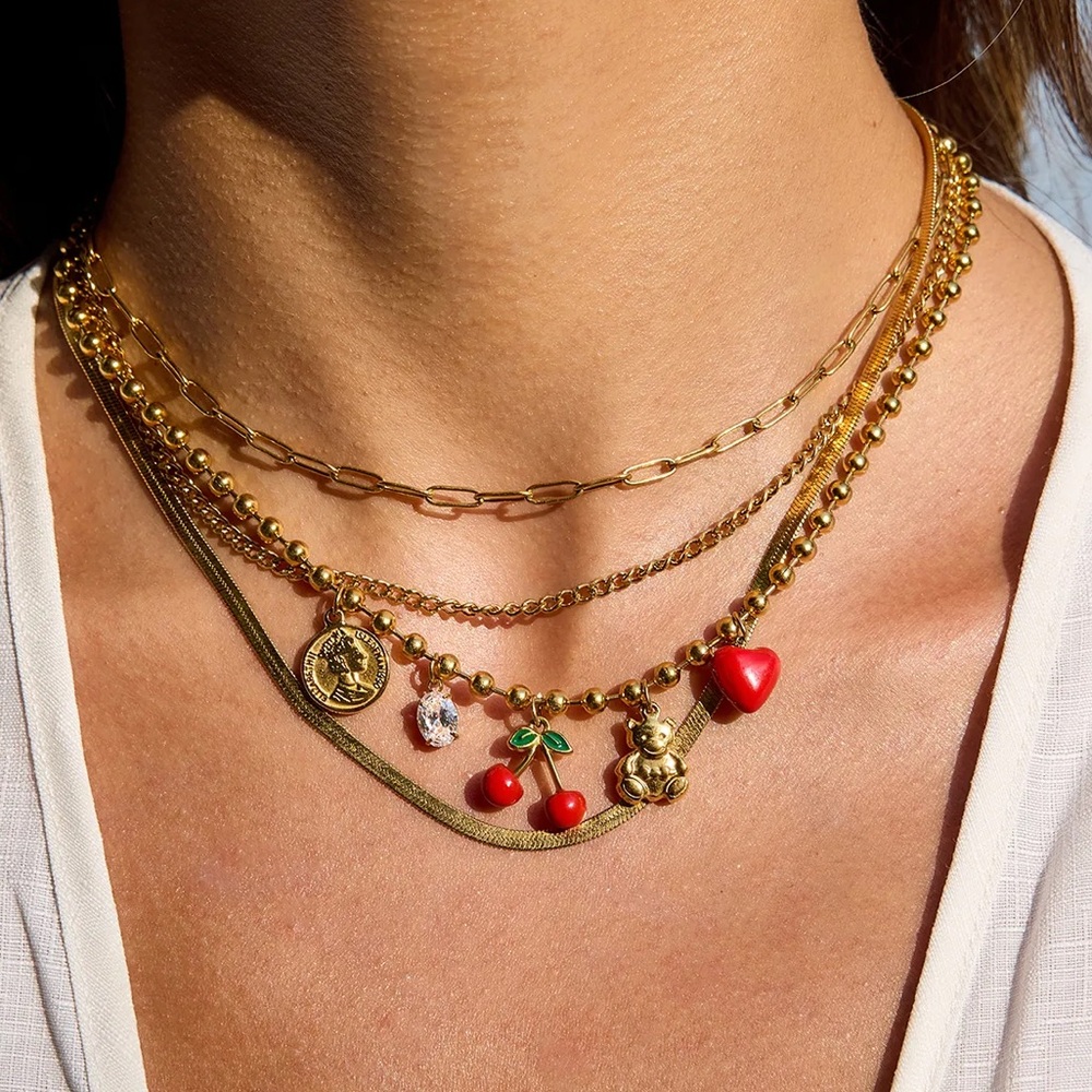 Golden Memories Beaded Cherry Teddy Bear Necklace - Picture 5 of 10